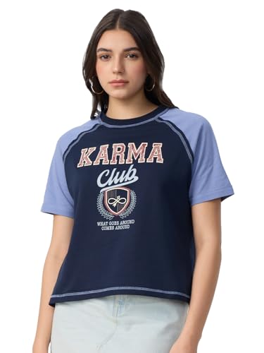The Souled Store Karma Club Women and Girls Short Sleeves Round Neck Blue Graphic Printed Cotton Relaxed Fit T-Shirts
