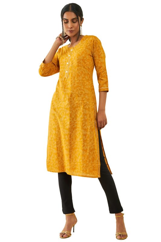 Soch Womens Cotton Floral Print Straight Kurta with Gotta Patti Work