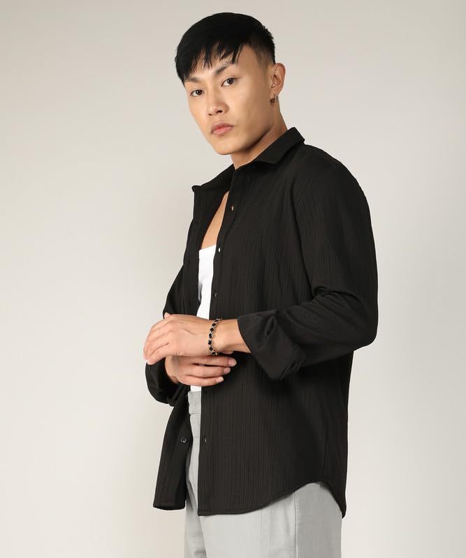 Campus Sutra Mens Onyx Black Stripe-Creased Shirt for Casual Wear | Spread Collar | Long Sleeve | Button Closure | Shirt Crafte