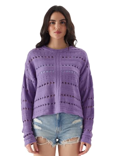 The Souled Store Solids: Periwinkle Women and Girls Long Sleeve Round Neck Acrylic Oversized Fit Sweaters