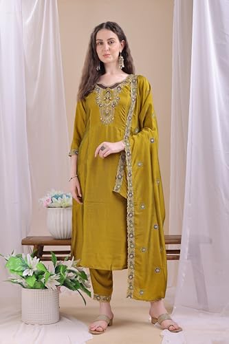 Pratham Blue Womens Silk Embroidered Straight Kurta Palazzos with Dupatta |Kurta Set for Women |Womens Kurta |Women Embroidere
