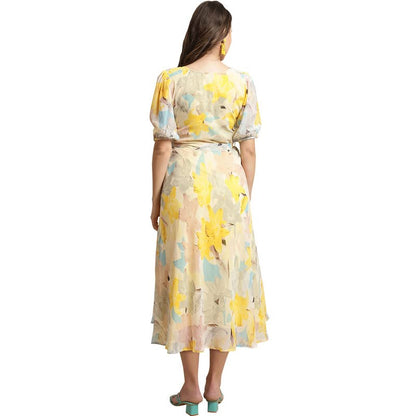 Preneum Women Fit & Flare Latest Style Print Georgette Regular Sleeves Casual Summer Maxi Dress | Festival & Occasion, Light Yel