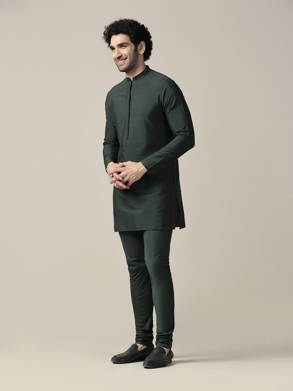 Kisah MenS Kurta, Bottle Green Cotton Blend, Solid Regular Fit Mandarin Collar Long Sleeves (42)