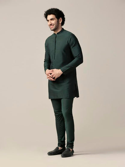 Kisah MenS Kurta, Bottle Green Cotton Blend, Solid Regular Fit Mandarin Collar Long Sleeves (42)