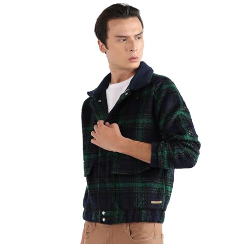Campus Sutra Mens Car Coat (CBAWM23_CSMAWJK6044_Navy Blue:Green