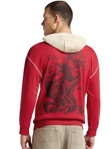 Bewakoof Official Marvel Merchandise Spiderman MenS Graphic Print Oversized Fit Full Sleeve Terry Hoodies_691862_Red_M