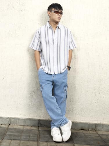 Hubberholme Men Cotton Short Sleeves Oversized Striped Shirt 12