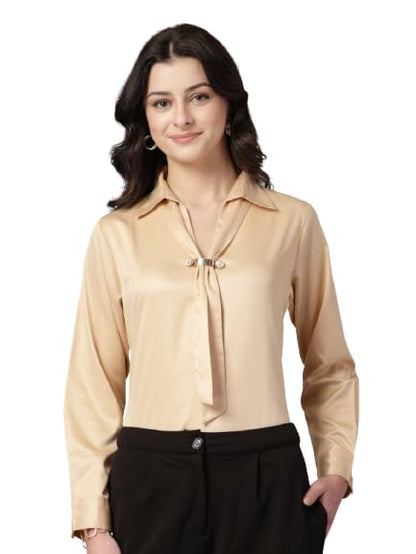 Style Quotient Women Beige Solid Satin Top