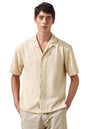 Dennis Lingo Men Textured Polyester Cuban Collar Half Sleeves Relaxed Fit Shirt Beige
