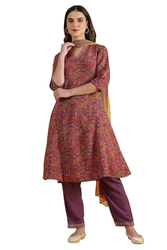 W for Woman Purple Printed Flarred A-Line Kurta & Straight Pant with Dupatta Set