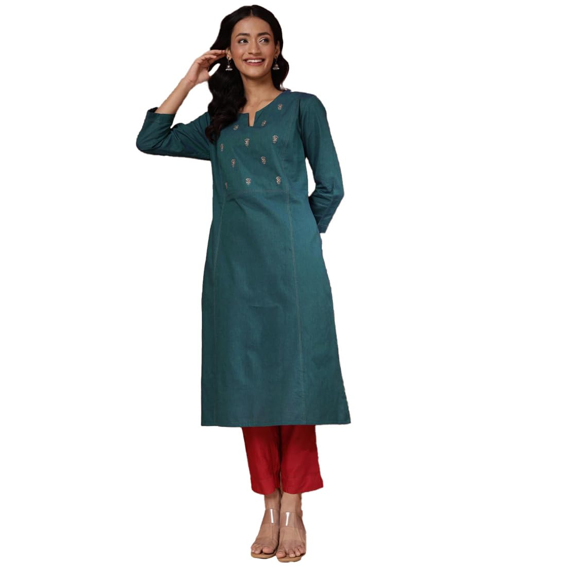 Fabindia WomenS Cotton Woven Slim Fit Kurta (1039083Teal_Teal