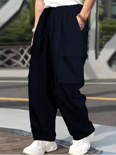 Greciilooks MenS Regular Fit Low Rise Polyester Cargos | Cargo Track Pant | Loose Fit | Regular Trouser Blue