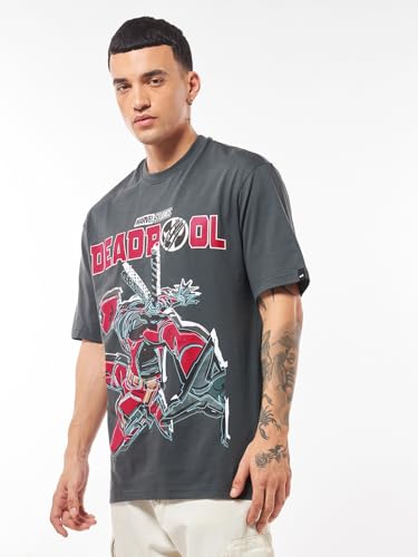 Bewakoof Official Marvel Merchandise Deadpool Mens Graphic Print Oversized Fit Half Sleeve Round Neck Cotton Jersey T-Shirt_644