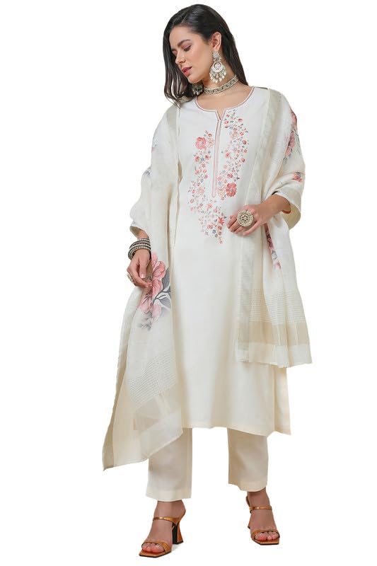Soch Womens Cream Notched Neck Silk Blend Embroidered Suit Set
