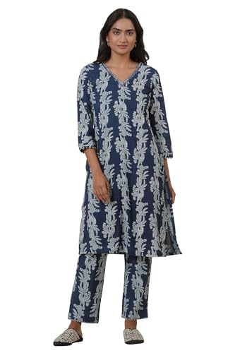 W for Woman Folksong Blue Animal Print Cotton Straight Kurta
