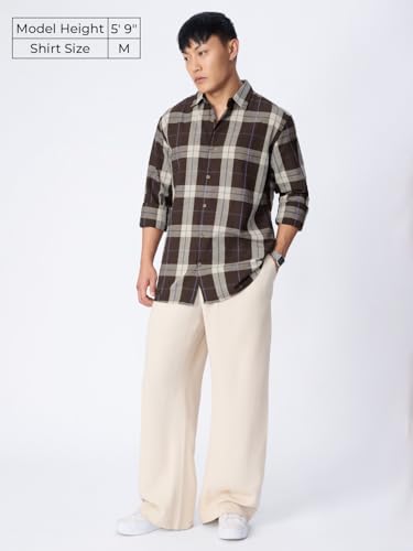 The Souled Store: Mocha Men and Boys Long Sleeve Spread CollarButton Front Brown Plaid Regular Fit Cotton Linen Shirt