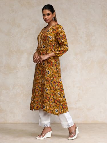 Varanga Women Ethnic Jaipuri Printed V Neck A-Line Kurta Yellow