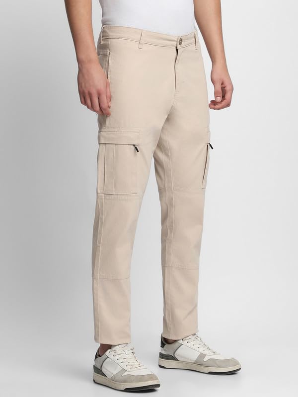 Dennis Lingo Mens Solid Cotton Lycra Mid Rise Slim Fit Cargo Trousers Cream
