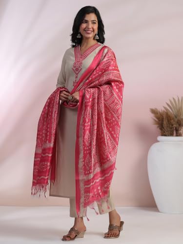 GoSriKi Women's Straight Kurta with Pants & Dupatta, Pink, Size 50, Model Jankari Pink-NSW-GS