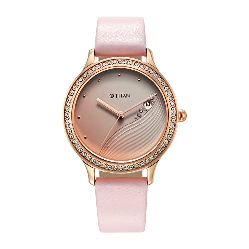 Titan Women Leather Analog Pink Dial Casual Watch, Band Color-Pink