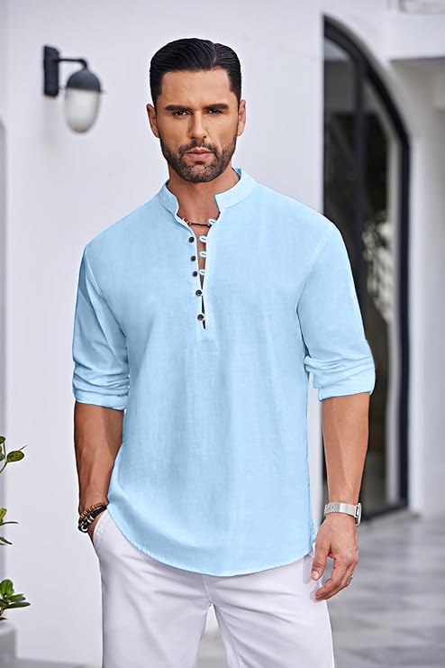 Royalscout MenS Solid Cotton Blend Straight Kurta Shirt | Regular Fit Full Sleeve Short Kurta Sky