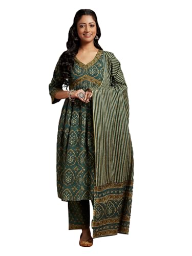 Libas Green Printed Cotton A-Line Kurta With Trousers & Dupatta