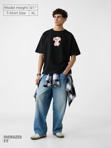 The Souled Store Oversized T-Shirt: Save The Dog Men and Boys Short Sleeves Round Neck Black Graphic Printed Cotton Oversized T-