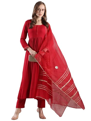 ANNI DESIGNER Womens Rayon Blend Anarkali Solid Kurta with Pant & Dupatta (JAYNTI RED-VKS03_XL_Red_X-Large)