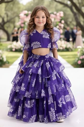 Naixa GirlS Organza Leaf Pattern Lehenga Choli Set With Puffs Sleeve V- Neck And Elastic Closure Type| Ready To Wear Lehenga Ch