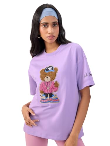 The Souled Store Ted The Stoner: Towelling Women and Girls Short Sleeves Round Neck Purple Embroidered Cotton Oversized T-Shirts