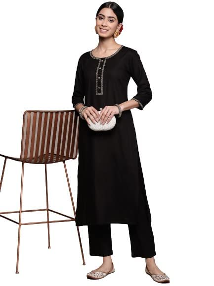 anubhutee Women's Viscose Rayon Black Ethnic Motifs Sequinned Straight Kurta Suit Set With Pants