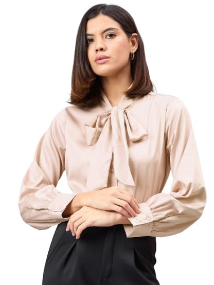 Style Quotient Women Solid Champagne Satin Tie up Regular Formal Shirt