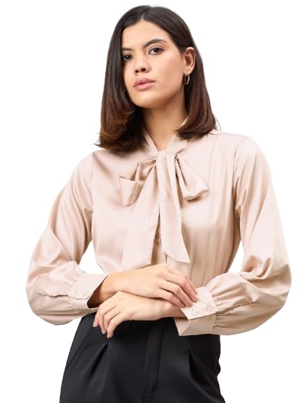 Style Quotient Women Solid Champagne Satin Tie up Regular Formal Shirt