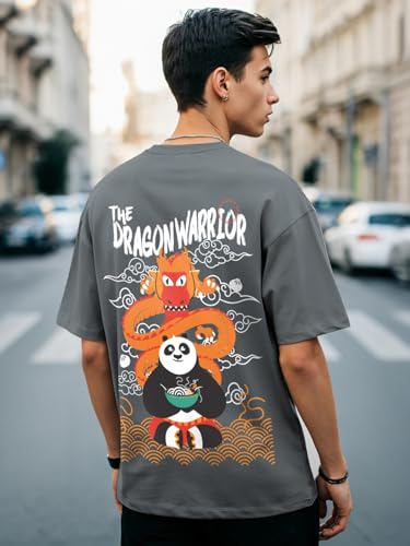Bewakoof Official Kung Fu Panda Merchandise Men Graphic Printed Oversized Fit Half Sleeve Round Neck Cotton Jersey T-Shirt_63371