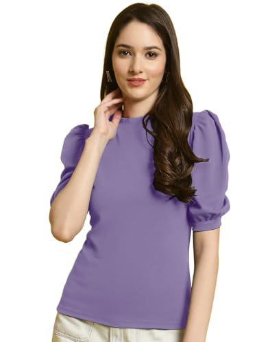 Tee Projekt Womens Casual Trendy Top with Stylish Short Puff Sleeves ll Casual Round Neck Tee with Classic Pattern Top