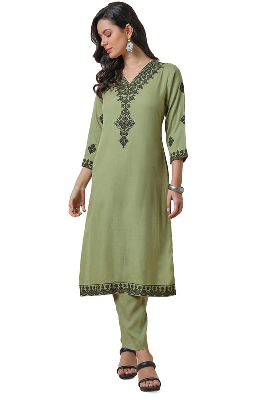 Soch Womens Sap Green Rayon Slub Embroidered Kurta Set With Thread Work