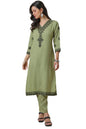 Soch Womens Sap Green Rayon Slub Embroidered Kurta Set With Thread Work
