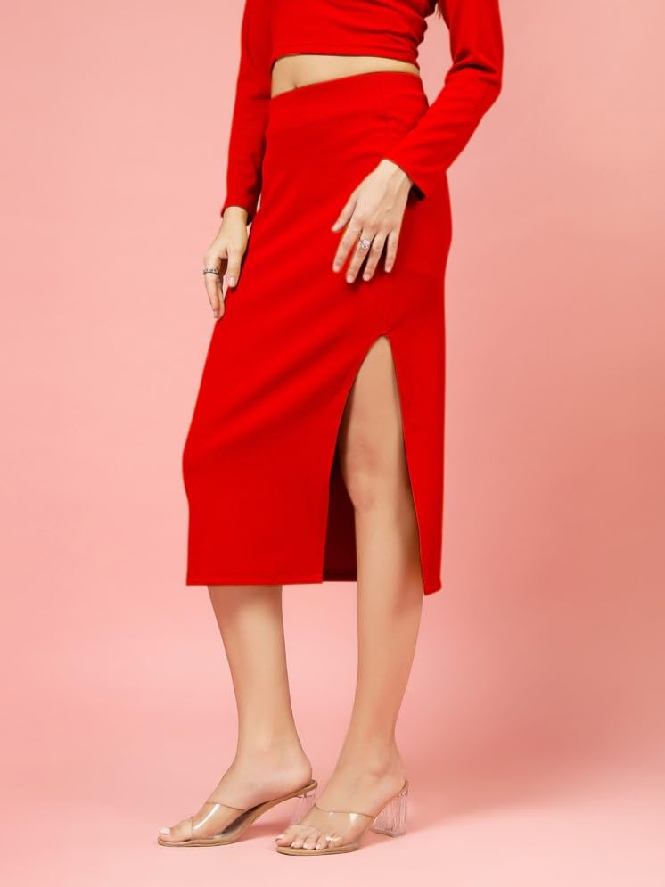 OOMPH! Ribbed Lycra Pencil Skirt with Side Slit for Women Red - msk129