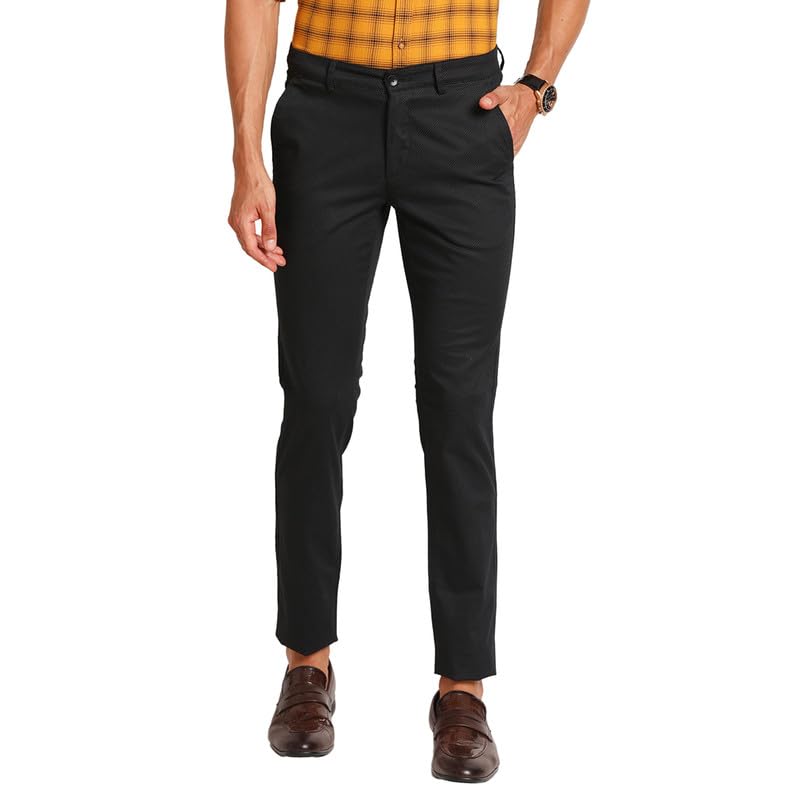 Turtle Men Cotton Stretch Black Printed Narrow Fit Casual Trouser