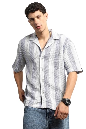Hubberholme Men Summer Cotton Spread Collar Short Sleeves Oversized Casual Shirt 27 Blue