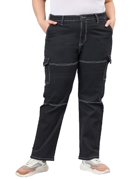 Style Quotient Women Plus Size Black Relaxed Fit High Rise Stretchable Cargos