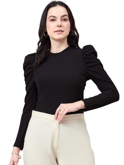 Style Quotient Women Black Texture Polyester Slim Fit Smart Casual Puff Full Sleeve Top