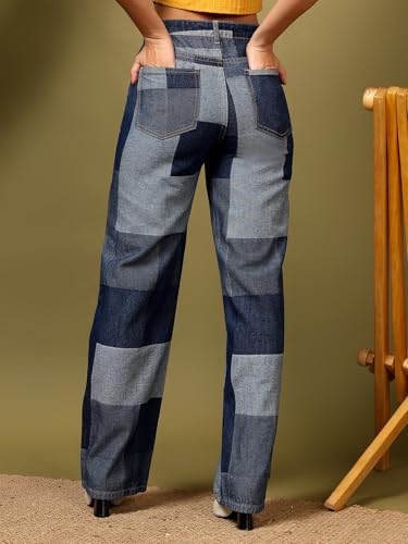 KOTTY Womens Checkered Pure Cotton Wide Leg Jeans(Blue,28)