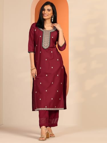 Libas WomenS Silk Embroidered Straight-Fit Kurta (29840_Maroon