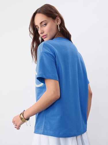 The Souled Store Hello Kitty Cinnamoroll: Women and Girls Short Sleeves Round Neck Blue Cotton Lightweight Streetwear Toweling E