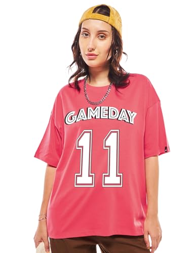 Bewakoof WomenS Graphic Printed Oversized Fit Half Sleeve Round Neck Pure Cotton T-Shirt_662729_Pink_L