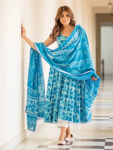 Pinkmint WomenS Cotton Blend Straight Printed Kurta With Pant & Dupatta Sky Blue