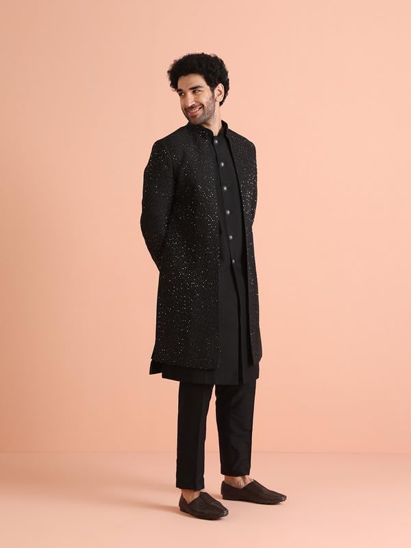 Kisah Mens Jacket Sherwani Trouser Set|Blended Fabric Embellished Pattern Indo-Western Set For Men|Regular Fit Mandarin Collar L