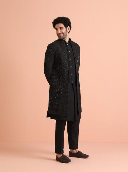 Kisah Mens Jacket Sherwani Trouser Set|Blended Fabric Embellished Pattern Indo-Western Set For Men|Regular Fit Mandarin Collar L