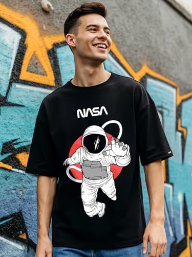 Bewakoof Mens NASA Graphic Printed 100% Cotton T-Shirt - Oversized Fit, Round Neck, Half Sleeves